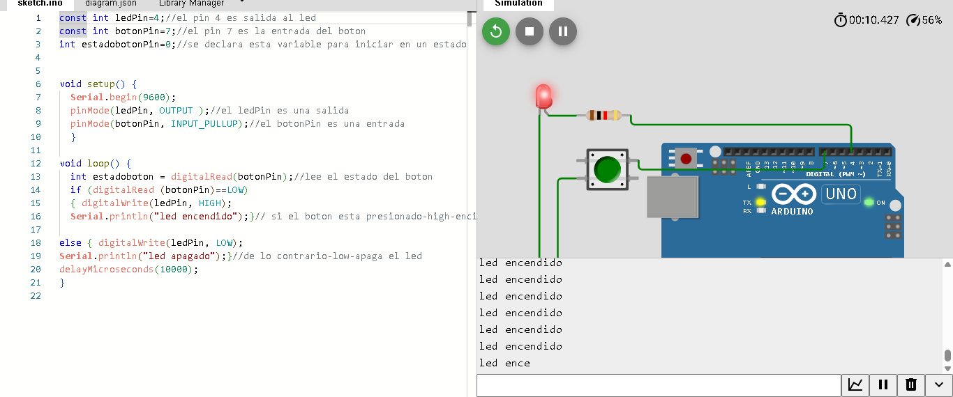 Simulación de Arduino con pulsador y LED en Wokwi