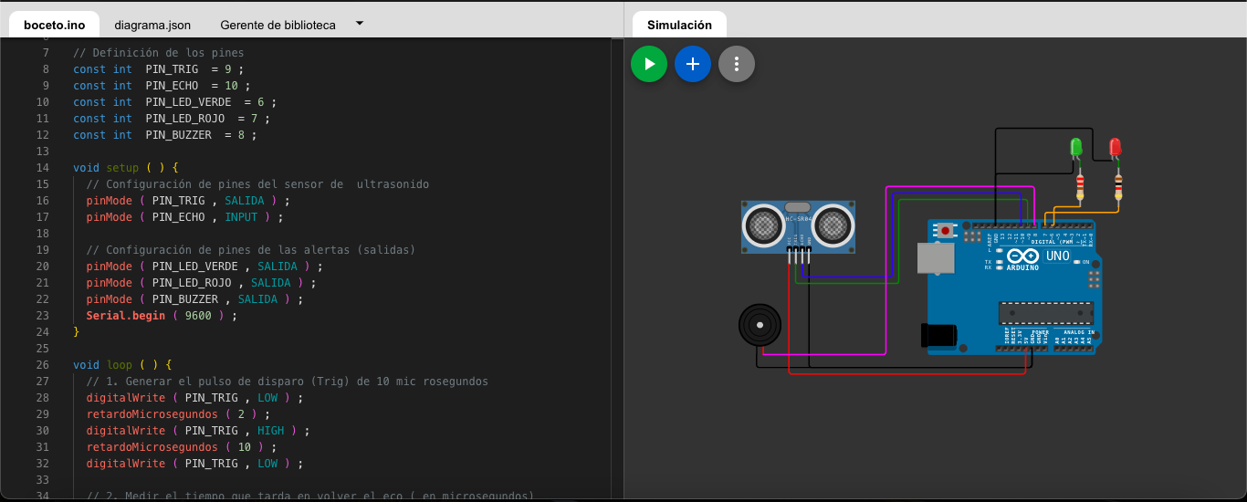 Proyecto con sensor ultrasónico, LEDs y buzzer en Wokwi